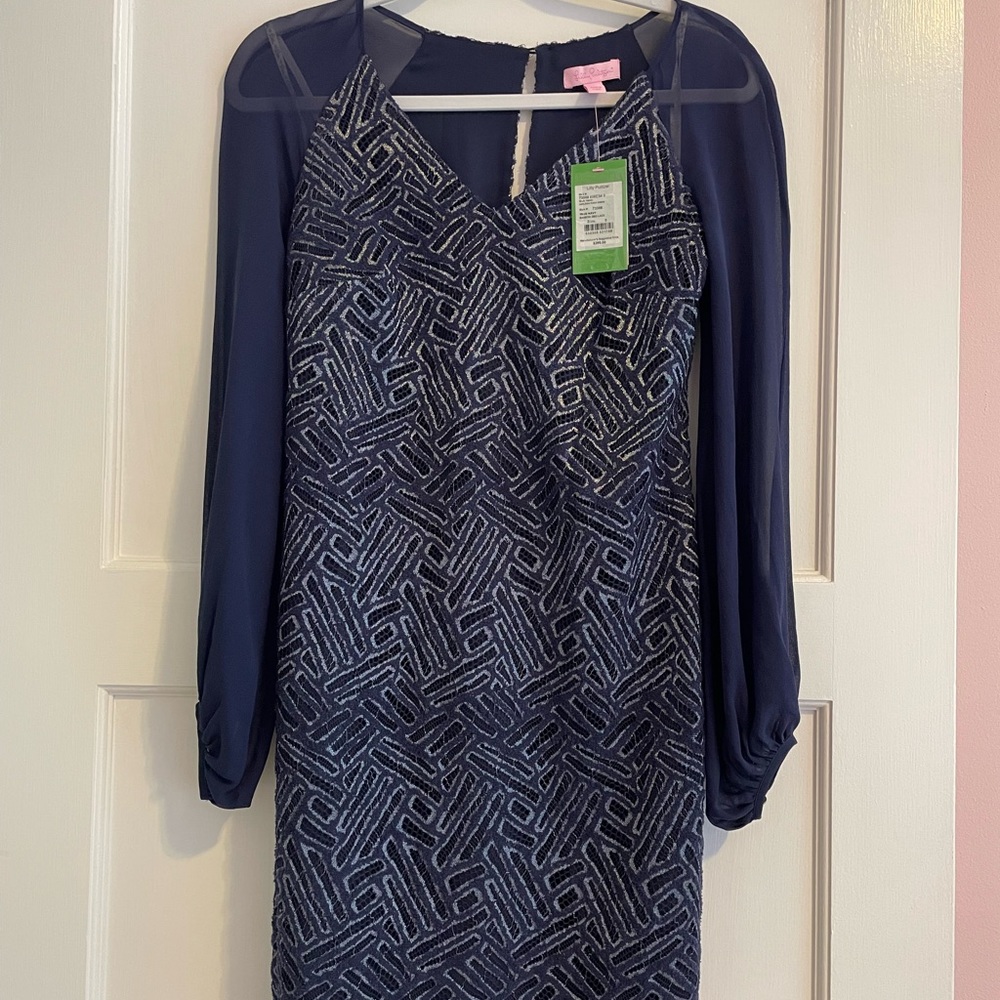 Lilly Pulitzer short Navy silk dress with metallic stitching